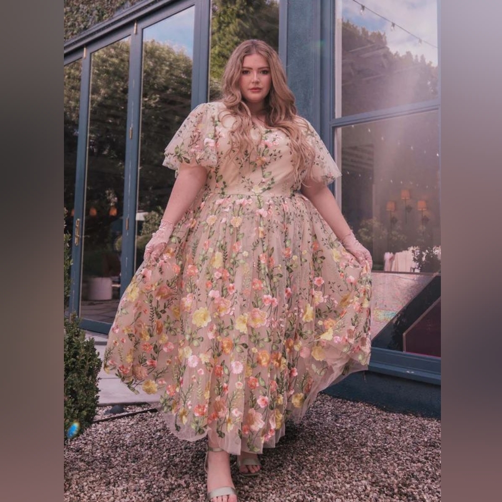 JessaKae Blushing Flora Midi Gown with Puff Sleeves for Cocktail Events, NWT, 2X